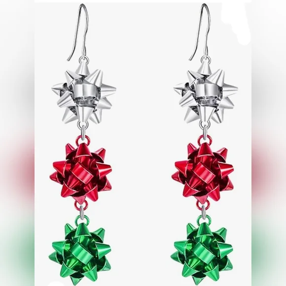 I'll Try & Restock Christmas Bow Earrings Tiered Bow Earrings Silver Red Green - Picture 5 of 6